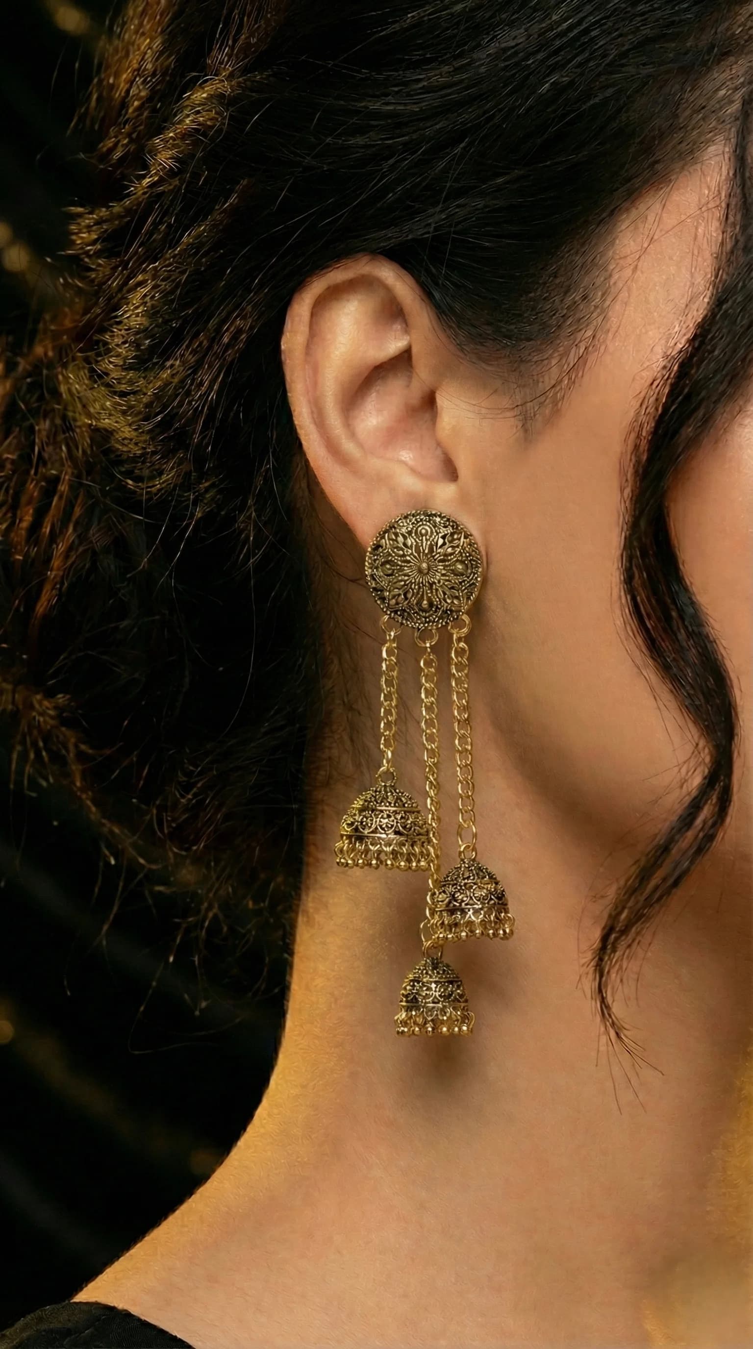 Antique Noir & Gold Triple-Drop Jhumkas packshot