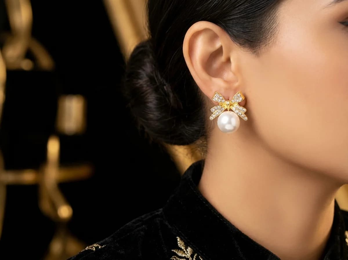 Crystal Bow & Pearl Drop Earrings packshot