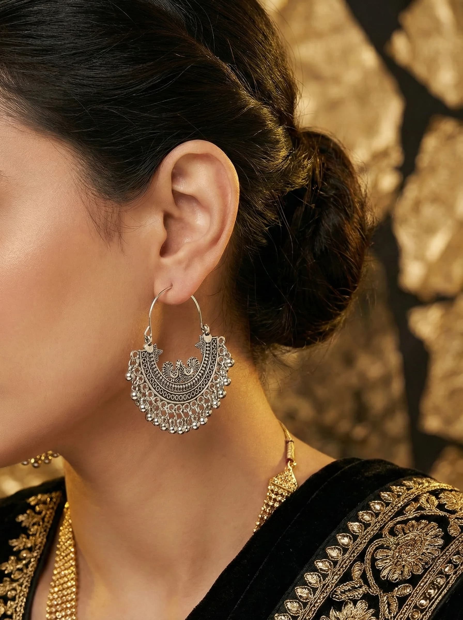 Oxidized Silver Peacock Crescent Hoops packshot