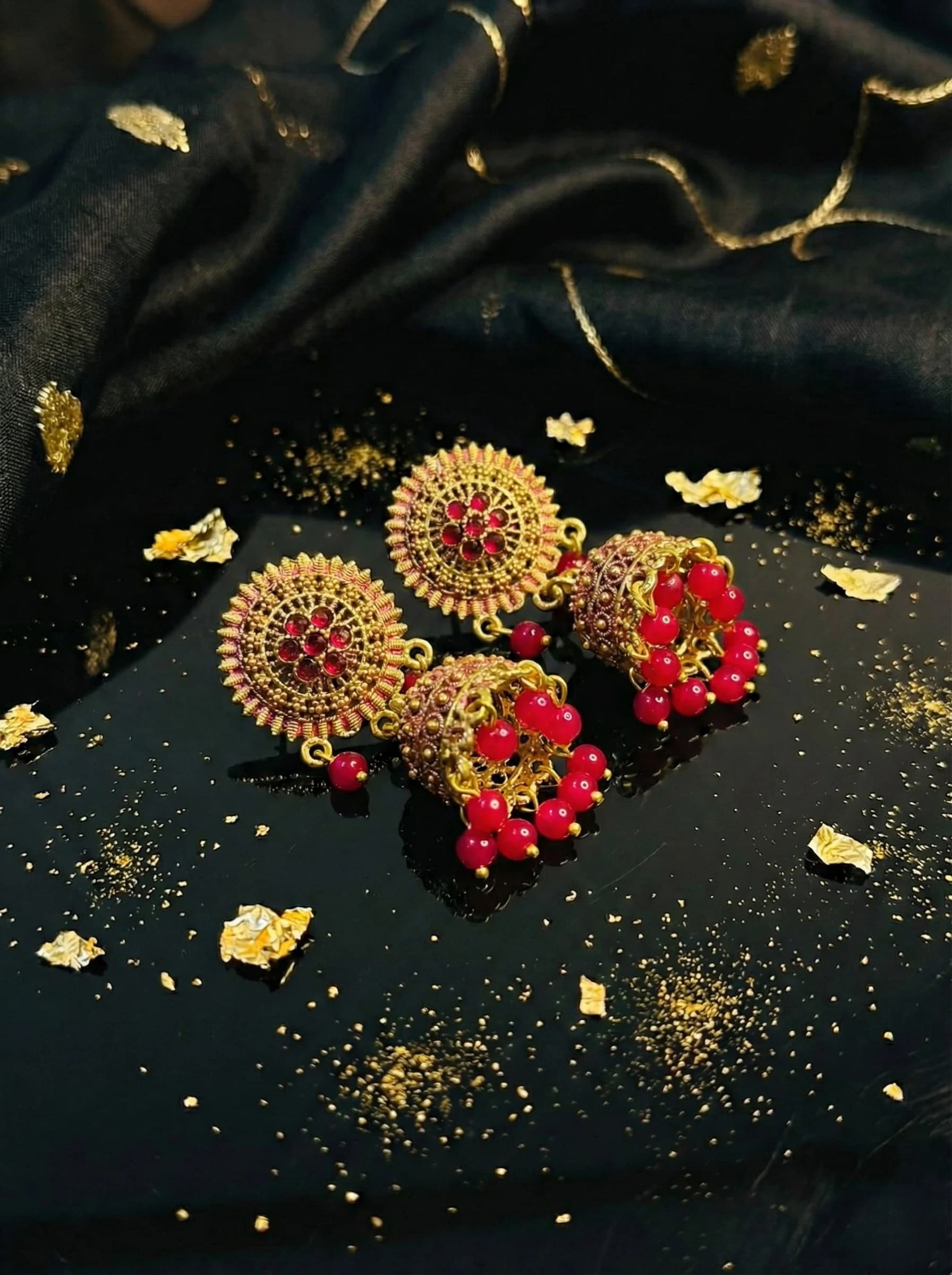 Royal Floral Jhumka Earrings – Gold Tone with Beaded Accents (Magenta & Maroon) image