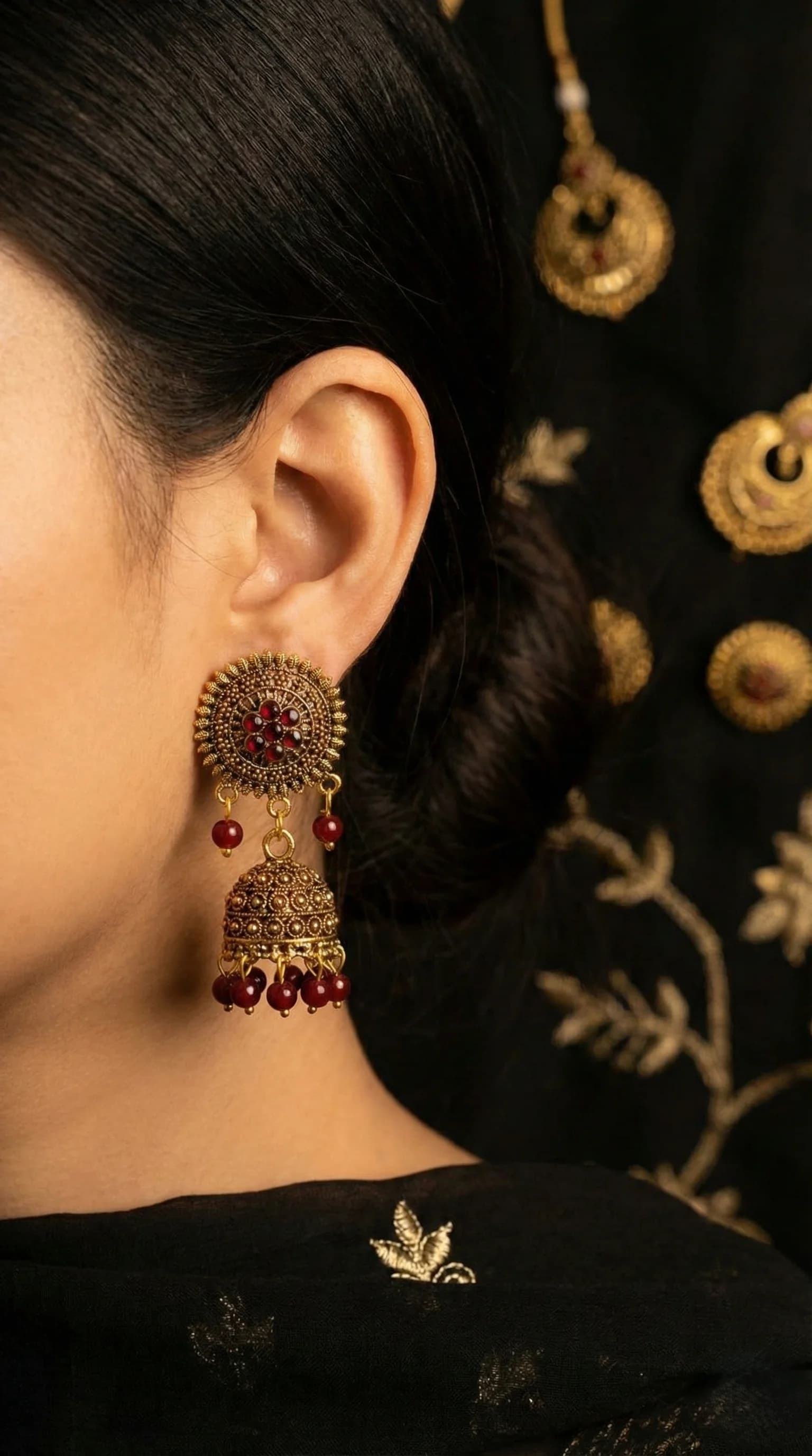 Royal Floral Jhumka Earrings – Gold Tone with Beaded Accents (Magenta & Maroon) packshot
