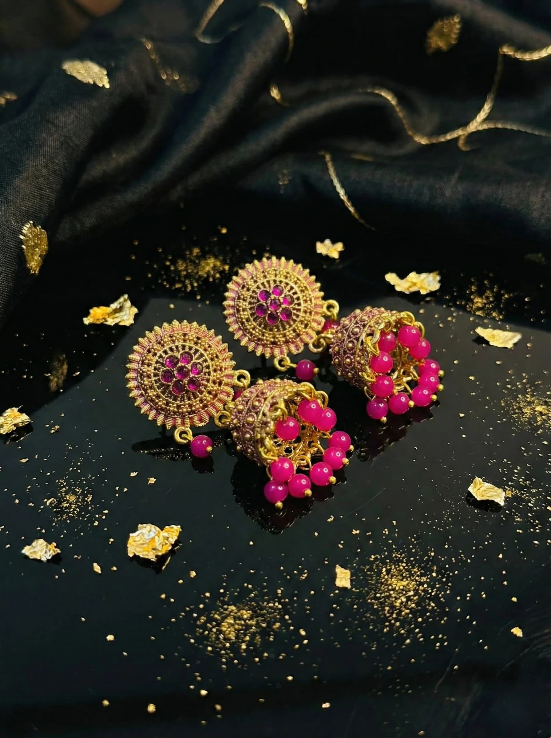 Royal Floral Jhumka Earrings – Gold Tone with Beaded Accents (Magenta & Maroon) image