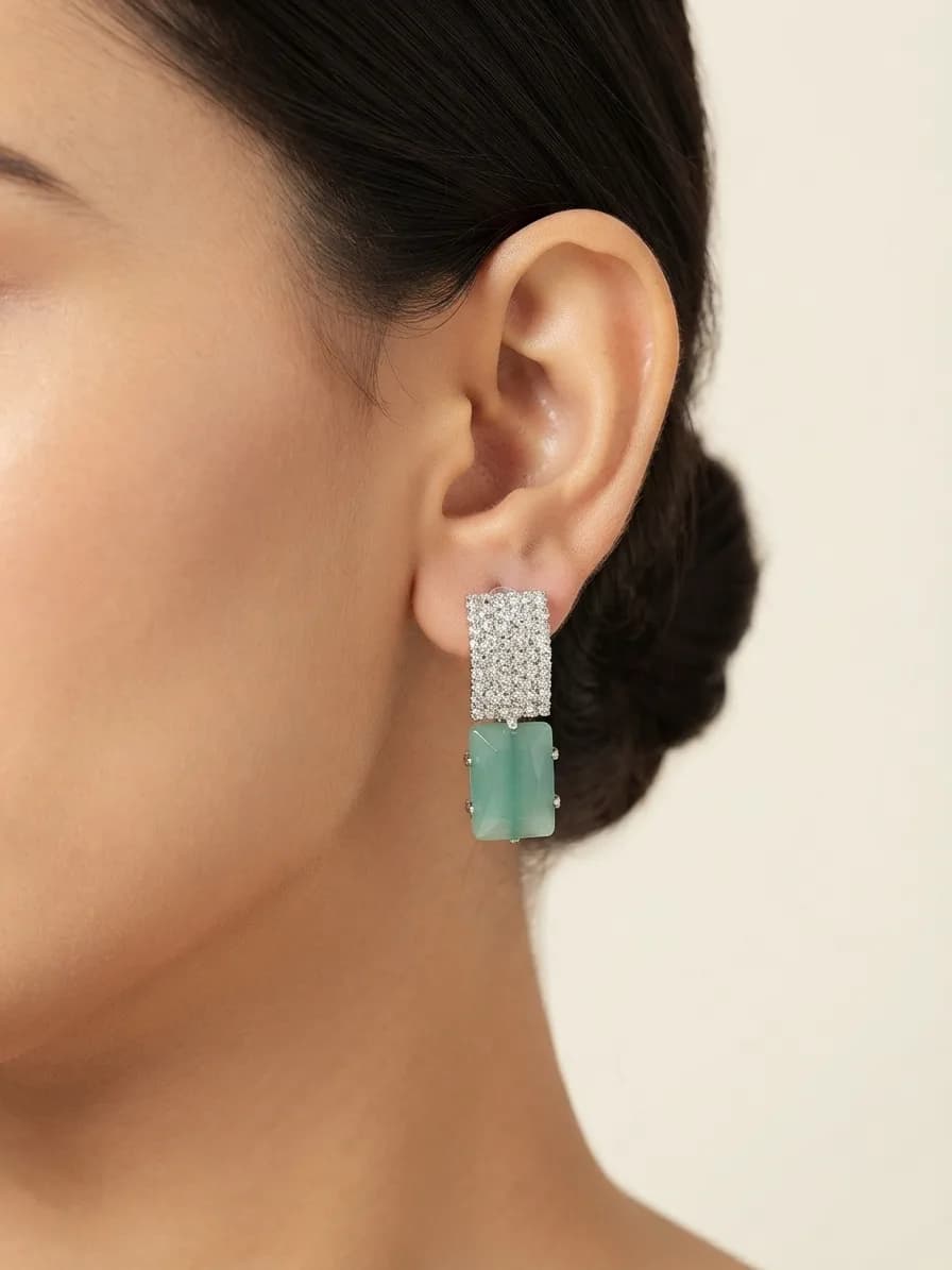 Pave Crystal & Mint Green Stone Drop Earrings packshot