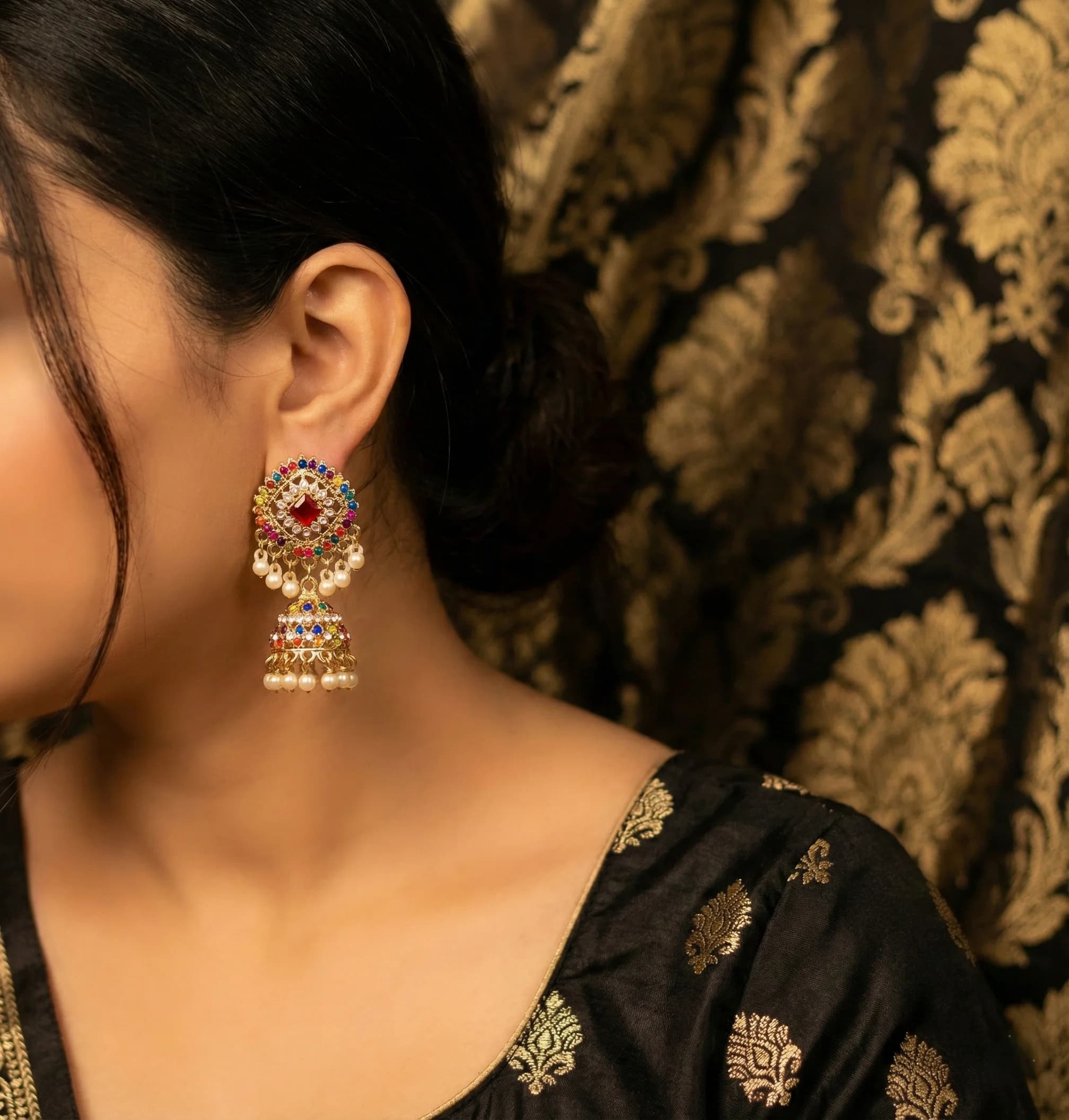 Vibrant Multi-Color Crystal Jhumkas packshot