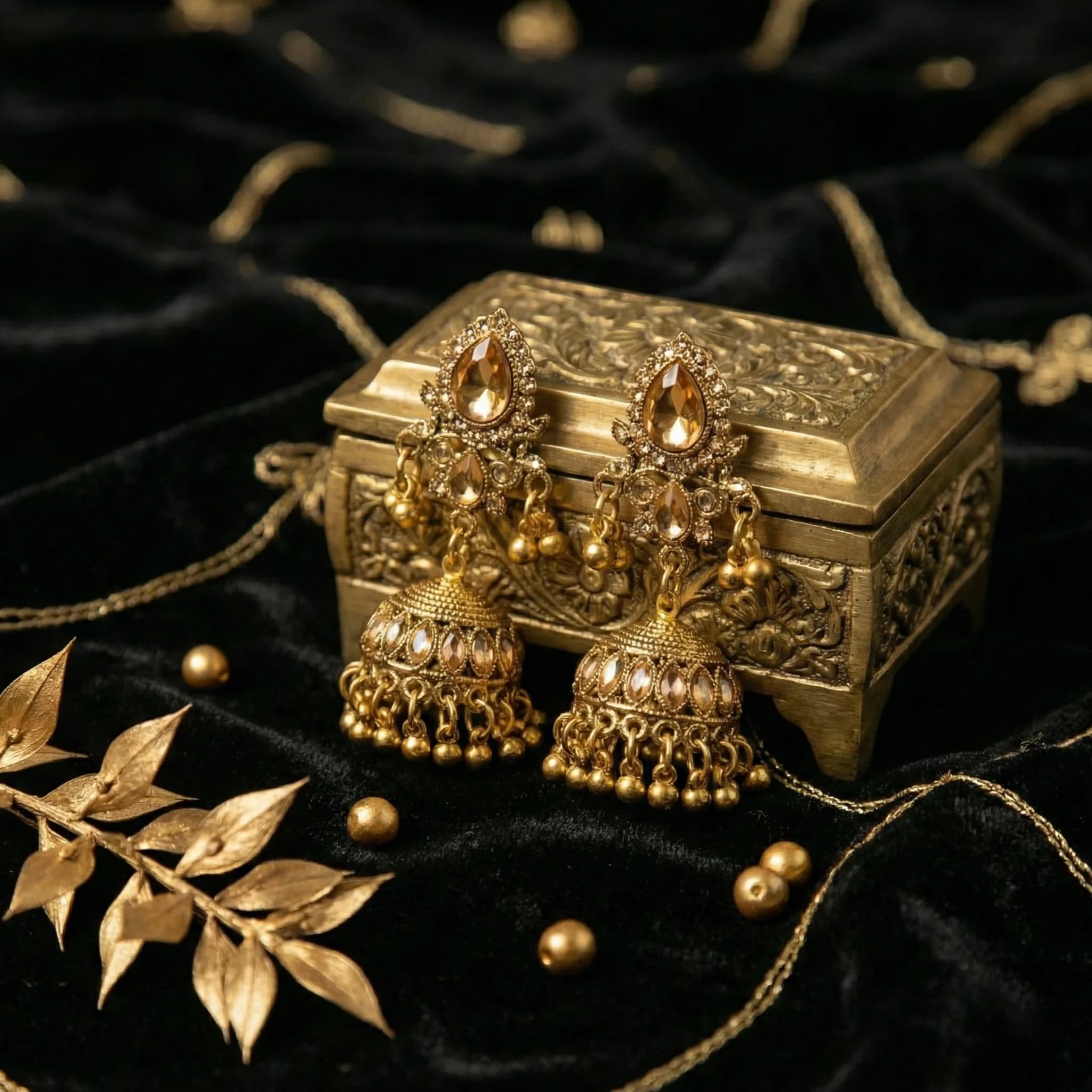 Vintage Gold/Silver Champagne Stone Jhumkas image