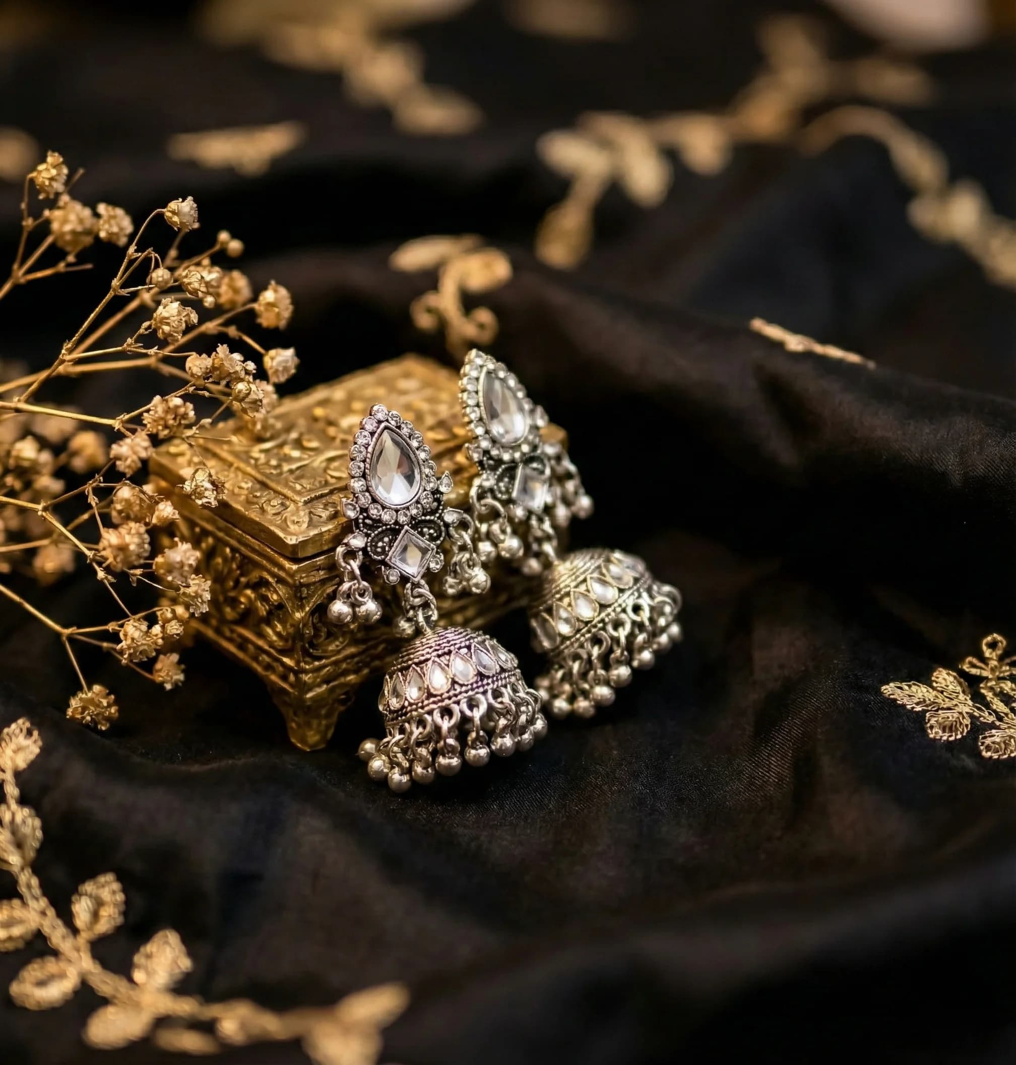 Vintage Gold/Silver Champagne Stone Jhumkas image